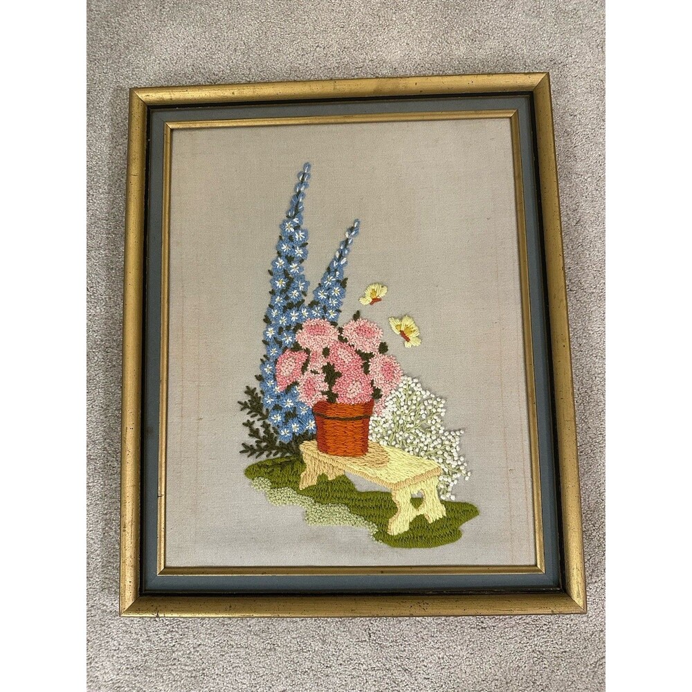 Vintage Framed Crewel Pastel Floral Butterfly Stitched Embroidery Art